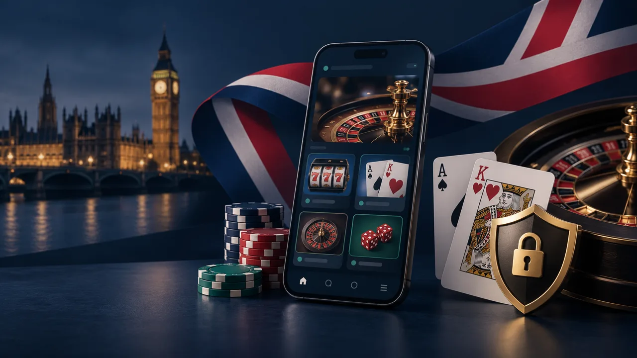 Editorial illustration of a regulated UK online casino service on a mobile phone.
