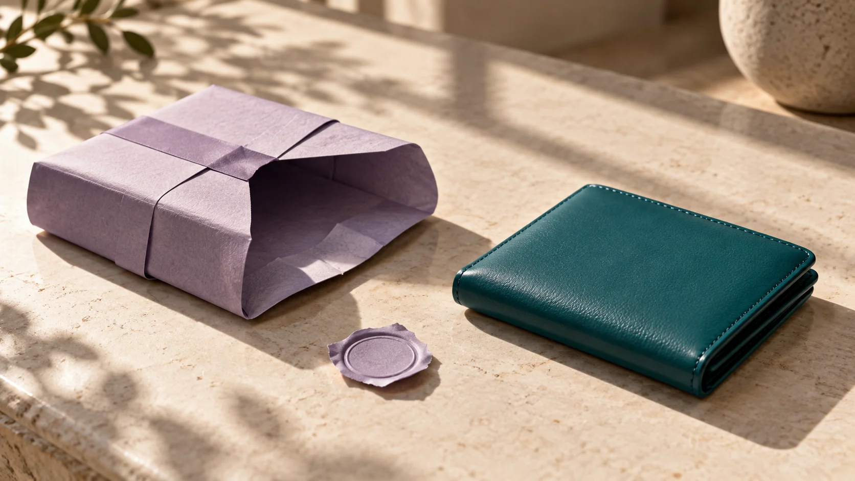An opened lavender gift sleeve beside a separate teal wallet on a stone surface