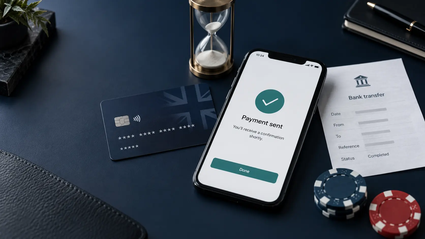 Phone payment confirmation, hourglass, debit card and bank-transfer form