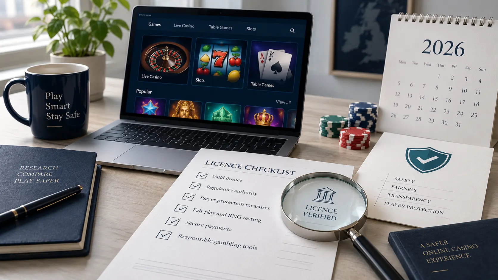 Laptop, 2026 calendar and licence-verification checklist for reviewing a new online casino