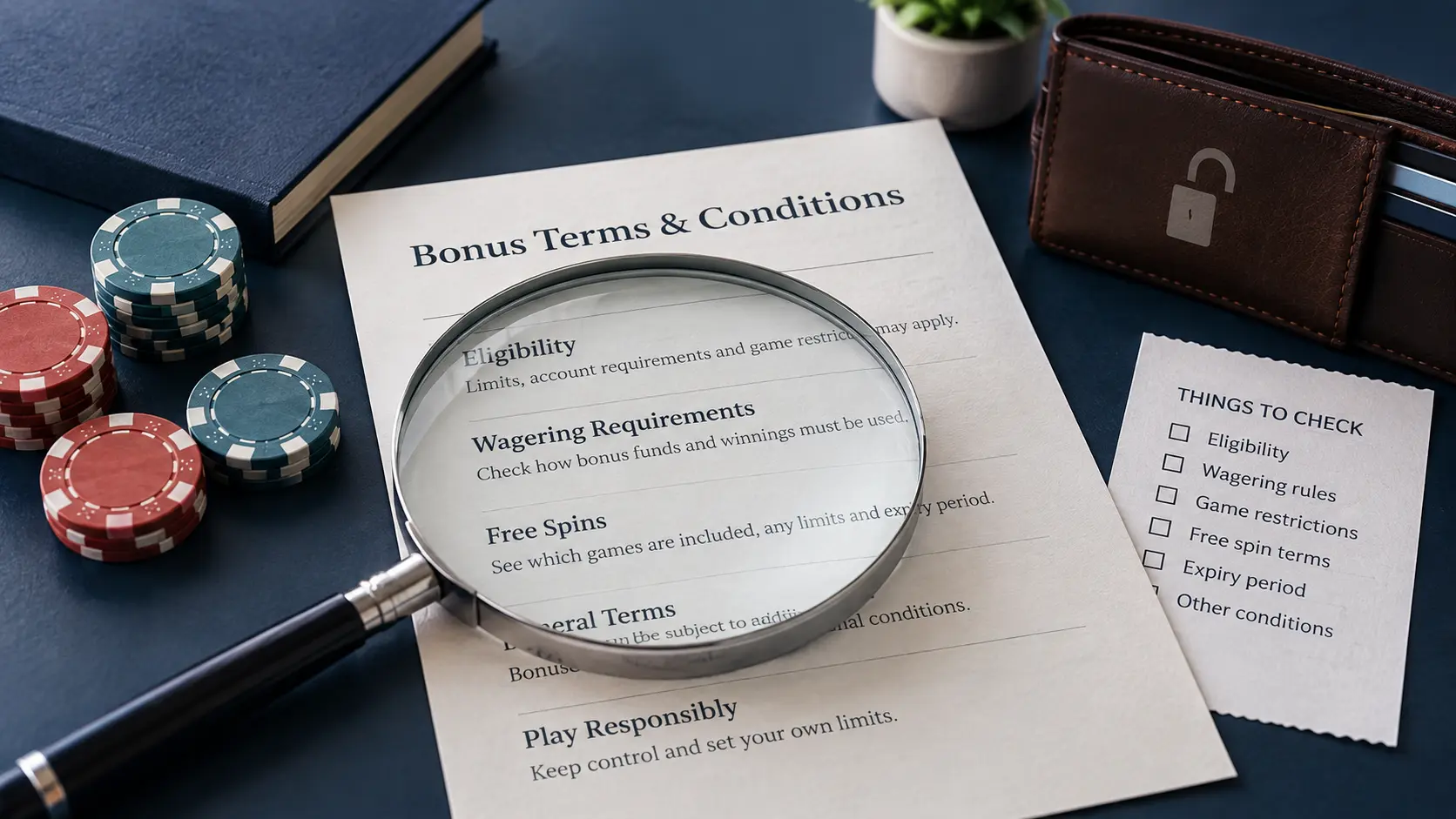 Magnifying glass examining casino bonus terms and a checklist