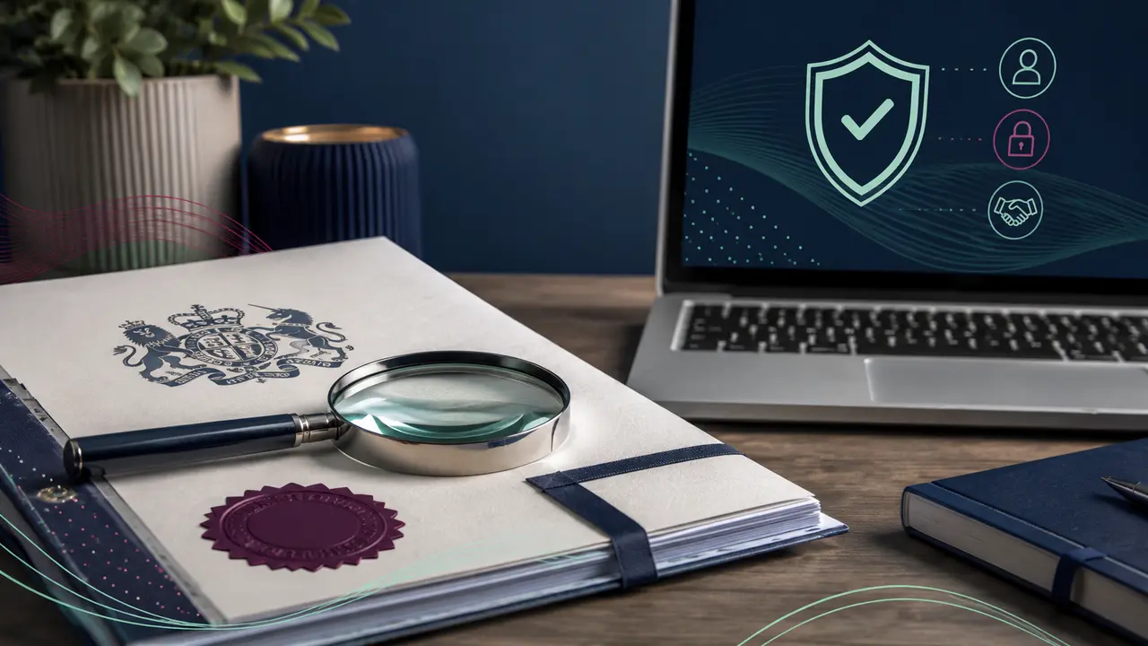 Laptop, identity document and security shield representing UK gambling financial risk assessments.