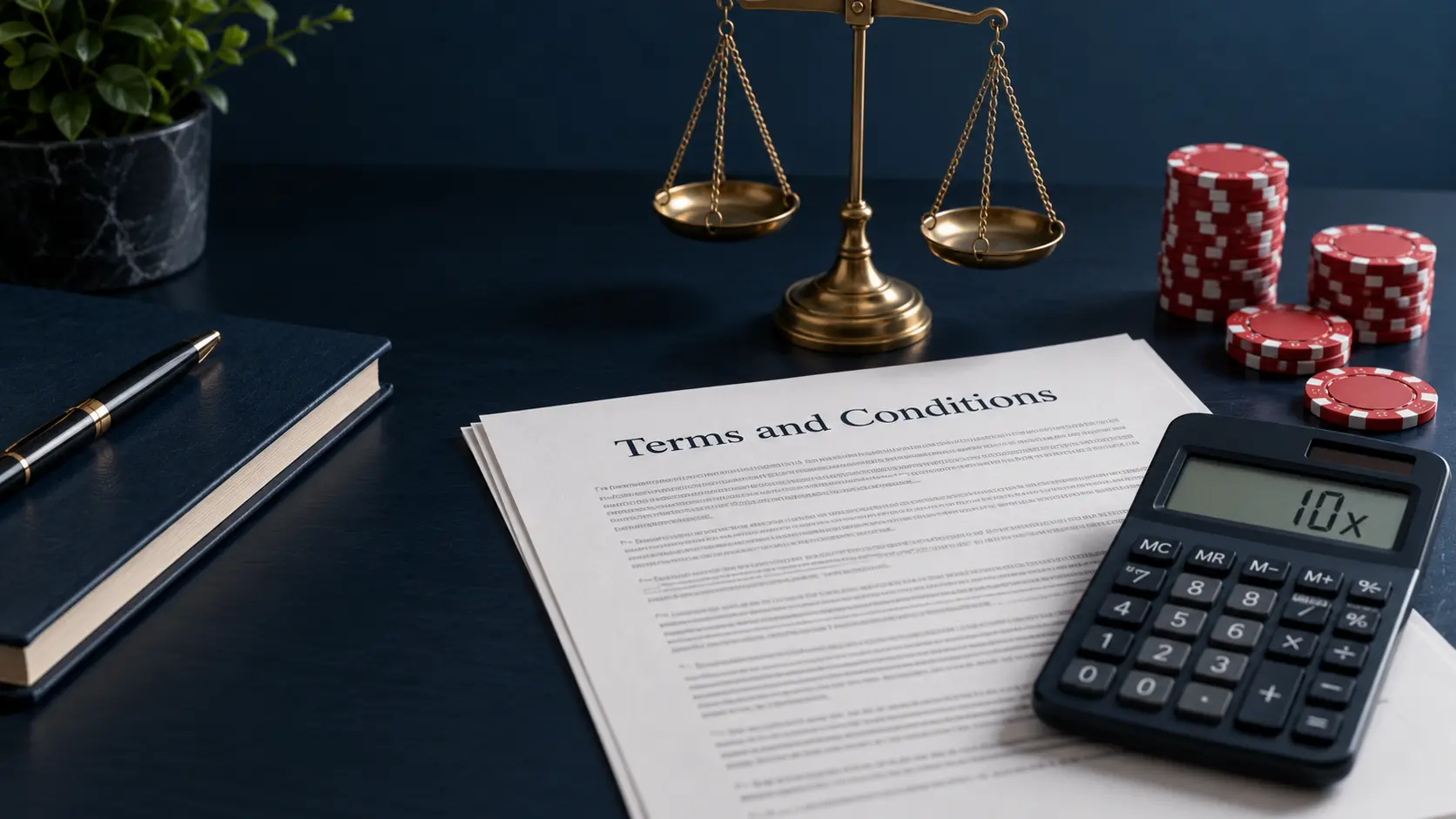 Terms document, balance scale, casino chips and calculator displaying 10x