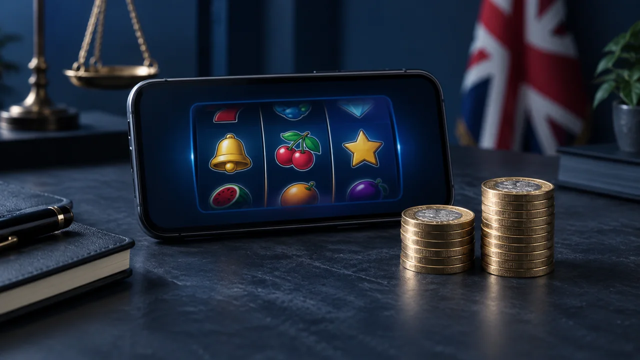 A mobile slot interface beside British pound coins, illustrating UK online slot stake limits